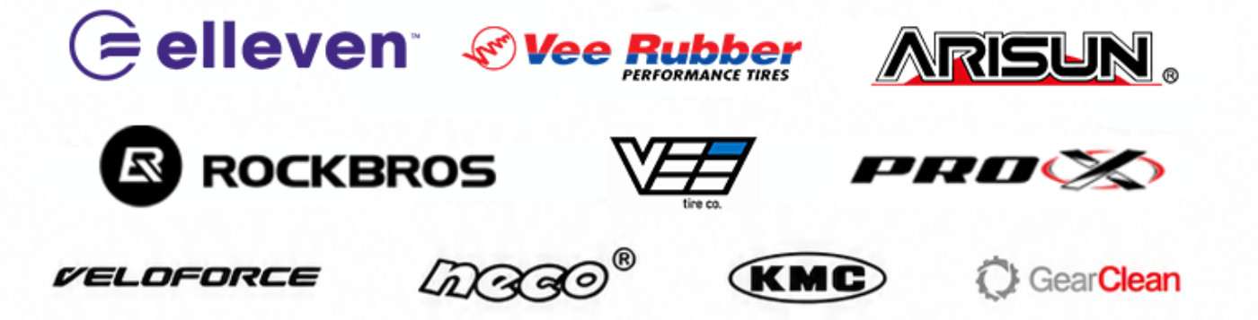Elleven, Vee Rubber, Arisun, Rockbros, Vee Tire Co., ProX, Veloforce, Neco, KMC e GearClean